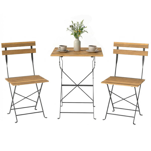 Ensemble de Salon de Jardin Bistrot 3 Pièces, Mobilier de Terrasse avec 2 Chaises Pliantes et Table Carrée en Bois d'Acacia, Cadre en Métal, pour Balcon Patio Jardin, Naturel