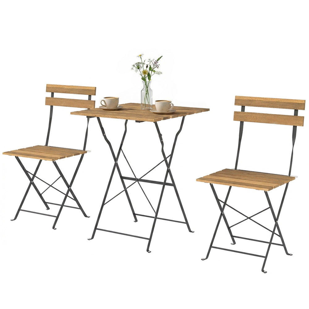 Ensemble de Salon de Jardin Bistrot 3 Pièces, Mobilier de Terrasse avec 2 Chaises Pliantes et Table Carrée en Bois d'Acacia, Cadre en Métal, pour Balcon Patio Jardin, Naturel