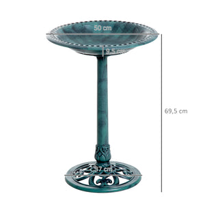 Bain d'oiseaux plateau de diamètre 50cm, abreuvoir oiseaux extérieur sur pied hauteur 69,5 cm, mangeoire oiseaux design coquille et décoration fleur-de-lys, érugineux