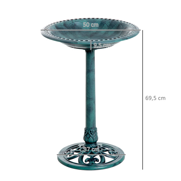Bain d'oiseaux plateau de diamètre 50cm, abreuvoir oiseaux extérieur sur pied hauteur 69,5 cm, mangeoire oiseaux design coquille et décoration fleur-de-lys, érugineux