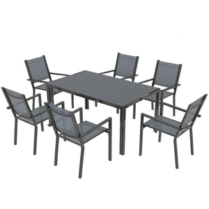 Salon de jardin extérieur 7 pièces, table extérieure avec 6 chaises empilables, plateau à lattes 150 cm, structure en acier anti-rouille, mobilier de jardin, terrasse, patio, gris