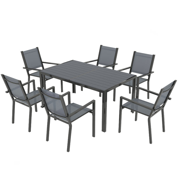 Salon de jardin extérieur 7 pièces, table extérieure avec 6 chaises empilables, plateau à lattes 150 cm, structure en acier anti-rouille, mobilier de jardin, terrasse, patio, gris