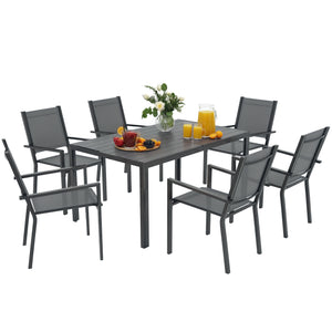 Salon de jardin extérieur 7 pièces, table extérieure avec 6 chaises empilables, plateau à lattes 150 cm, structure en acier anti-rouille, mobilier de jardin, terrasse, patio, gris