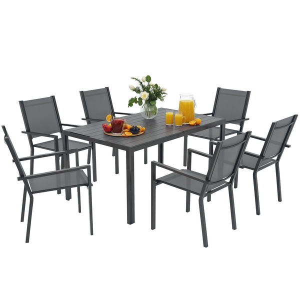 Salon de jardin extérieur 7 pièces, table extérieure avec 6 chaises empilables, plateau à lattes 150 cm, structure en acier anti-rouille, mobilier de jardin, terrasse, patio, gris