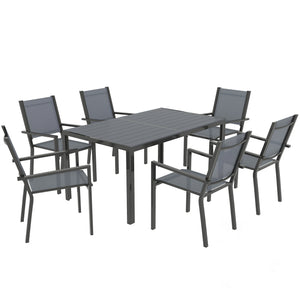 Salon de jardin extérieur 7 pièces, table extérieure avec 6 chaises empilables, plateau à lattes 150 cm, structure en acier anti-rouille, mobilier de jardin, terrasse, patio, gris