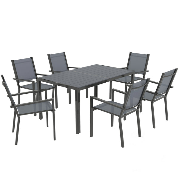 Salon de jardin extérieur 7 pièces, table extérieure avec 6 chaises empilables, plateau à lattes 150 cm, structure en acier anti-rouille, mobilier de jardin, terrasse, patio, gris