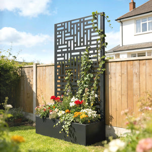 Jardinière avec treillis, bac à fleurs en acier galvanisé, lit surélevé avec brise-vue, trous de drainage, motif géométrique, pour plantes grimpantes, légumes, 90 x 40 x 180 cm, noir