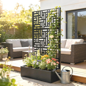 Jardinière avec treillis, bac à fleurs en acier galvanisé, lit surélevé avec brise-vue, trous de drainage, motif géométrique, pour plantes grimpantes, légumes, 90 x 40 x 180 cm, noir