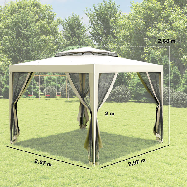 Tonnelle barnum de jardin 3L x 3l m avec 4 moustiquaires amovibles - double toit - crème