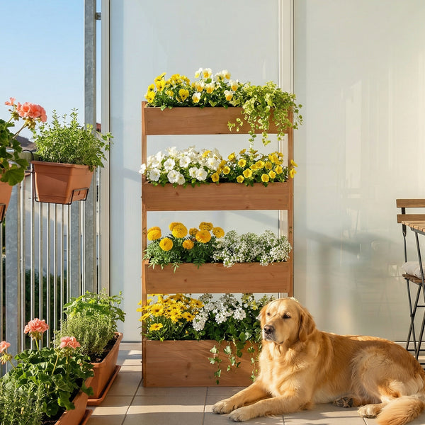 Jardinière en bois 4 niveaux, jardinière surélevée extérieure avec orifices de drainage et toile non tissée, bac pour cultures, plantes, fleurs, pour terrasse, jardin, 85x45x140 cm, Marron