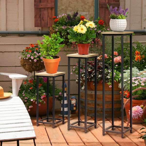 Lot de 3 supports pot de fleurs porte-plantes carrées empilables - 21 x 21 x 50/70/90 cm - acier