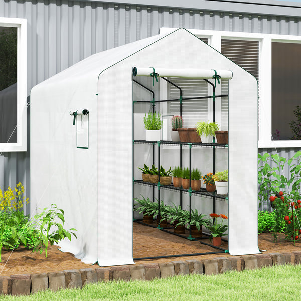 Serre de jardin PE avec étagères 3 niveaux, serre d'extérieur avec bâche renforcée 135 g/m² anti-UV, châssis en acier, portes zippées enroulables et fenêtres en maille, 143x215x190cm, blanc
