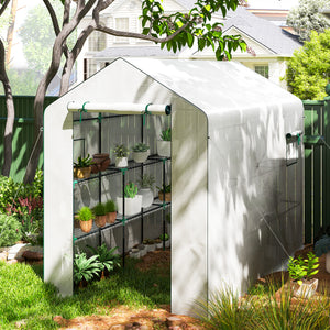 Serre de jardin PE avec étagères 3 niveaux, serre d'extérieur avec bâche renforcée 135 g/m² anti-UV, châssis en acier, portes zippées enroulables et fenêtres en maille, 143x215x190cm, blanc
