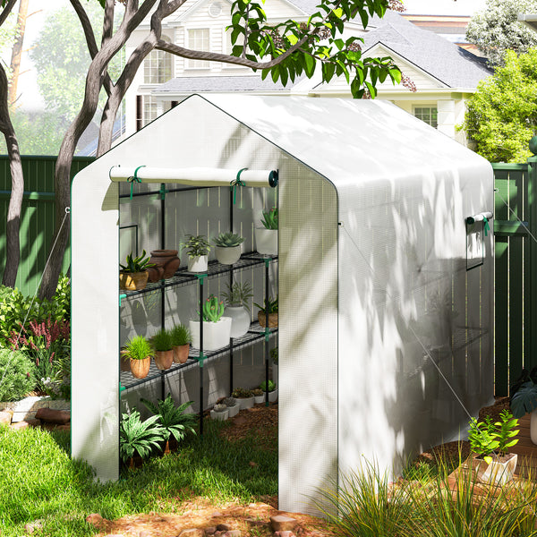 Serre de jardin PE avec étagères 3 niveaux, serre d'extérieur avec bâche renforcée 135 g/m² anti-UV, châssis en acier, portes zippées enroulables et fenêtres en maille, 143x215x190cm, blanc