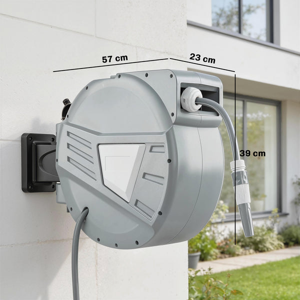 Enrouleur Tuyau Arrosage Mural 30+2 m Pivotant à 180°, Dévidoir de Tuyaux d'Eau, Buse 2 Modes, Rembobinage Auto et Progressif avec Verrou, Adaptateurs, pour Jardin, Lavage de Voiture, Gris