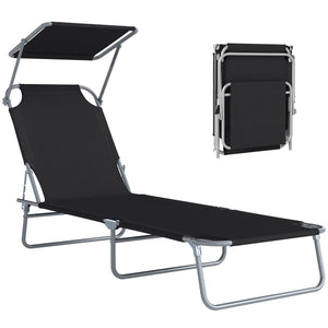 Transat Bain de Soleil Pliable Chaise Longue Pliante Grand Confort Dossier Inclinable Multi-positions et Pare-Soleil Réglable 187L x 58l x 36H cm Noir