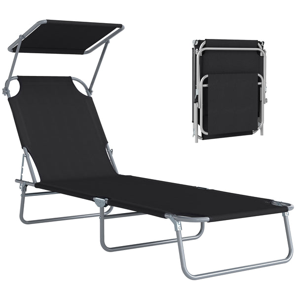 Transat Bain de Soleil Pliable Chaise Longue Pliante Grand Confort Dossier Inclinable Multi-positions et Pare-Soleil Réglable 187L x 58l x 36H cm Noir