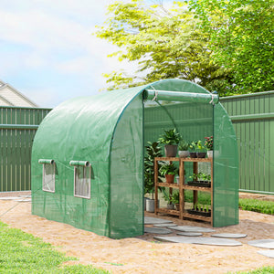 Serre de Jardin Tunnel 5 m² 2,5L x 2l x 2H m Acier renforcé Ø 1,8 cm + PE Haute densité 140 g/m² fenêtres Porte déroulante Vert