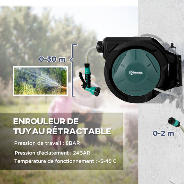 Enrouleur Tuyau Arrosage Mural 30 m x Ø 15 mm, Dévidoir Automatique de Tuyaux d'Eau Rétractable Automatique Pivotant à 180°, Buse à 7 Modes, pour Jardin et Lavage de Voiture, Noir