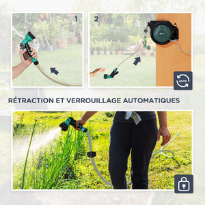 Enrouleur Tuyau Arrosage Mural 30 m x Ø 15 mm, Dévidoir Automatique de Tuyaux d'Eau Rétractable Automatique Pivotant à 180°, Buse à 7 Modes, pour Jardin et Lavage de Voiture, Noir