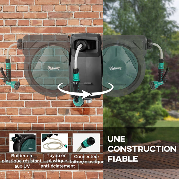 Enrouleur Tuyau Arrosage Mural 30 m x Ø 15 mm, Dévidoir Automatique de Tuyaux d'Eau Rétractable Automatique Pivotant à 180°, Buse à 7 Modes, pour Jardin et Lavage de Voiture, Noir