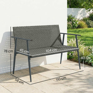 Banc de Jardin 2 places en Résine Tressée, avec Accoudoirs, Dossiers et Pieds Réglables, Structure en Acier Galvanisé, Banc d'Extérieur pour Terrasse Balcon Jardin, Gris
