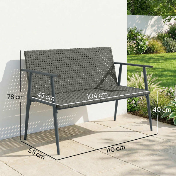Banc de Jardin 2 places en Résine Tressée, avec Accoudoirs, Dossiers et Pieds Réglables, Structure en Acier Galvanisé, Banc d'Extérieur pour Terrasse Balcon Jardin, Gris