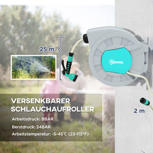 Dévidoir mural avec tuyau d'arrosage de 25m, pivotant à 180°, enrouleur de tuyau mural, enrouleur automatique de tuyau d'arrosage, 7 motifs de pulvérisation, Vert+Gris