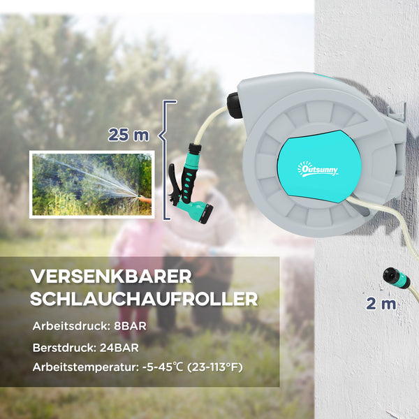 Dévidoir mural avec tuyau d'arrosage de 25m, pivotant à 180°, enrouleur de tuyau mural, enrouleur automatique de tuyau d'arrosage, 7 motifs de pulvérisation, Vert+Gris