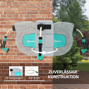 Dévidoir mural avec tuyau d'arrosage de 25m, pivotant à 180°, enrouleur de tuyau mural, enrouleur automatique de tuyau d'arrosage, 7 motifs de pulvérisation, Vert+Gris