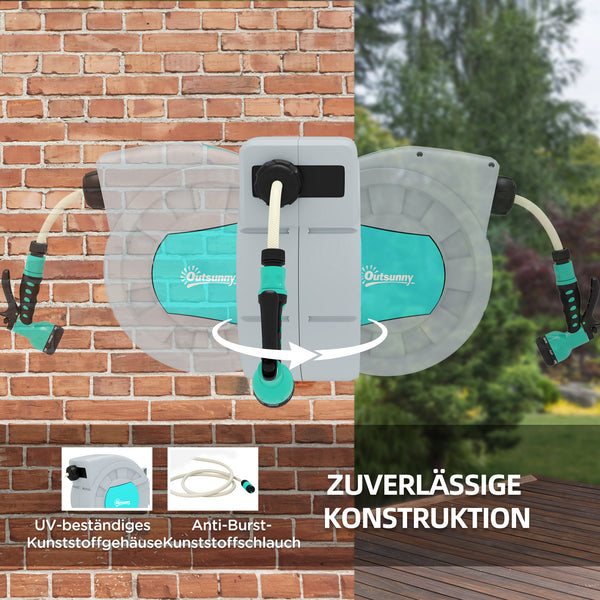Dévidoir mural avec tuyau d'arrosage de 25m, pivotant à 180°, enrouleur de tuyau mural, enrouleur automatique de tuyau d'arrosage, 7 motifs de pulvérisation, Vert+Gris