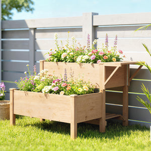 Potager sur Pieds à 2 niveaux, Jardinières surélevées avec étagères en bois avec doublure et trous de drainage pour fleurs et légumes, 119,5 x 102 x 76,5 cm, marron clair