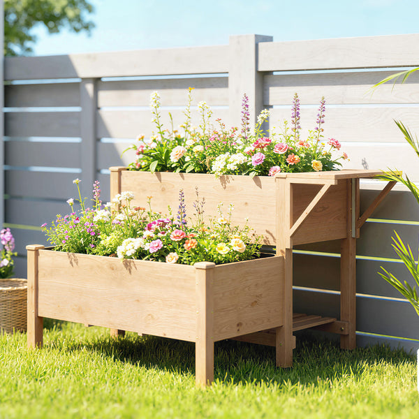Potager sur Pieds à 2 niveaux, Jardinières surélevées avec étagères en bois avec doublure et trous de drainage pour fleurs et légumes, 119,5 x 102 x 76,5 cm, marron clair
