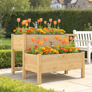 Potager sur Pieds à 2 niveaux, Jardinières surélevées avec étagères en bois avec doublure et trous de drainage pour fleurs et légumes, 119,5 x 102 x 76,5 cm, marron clair