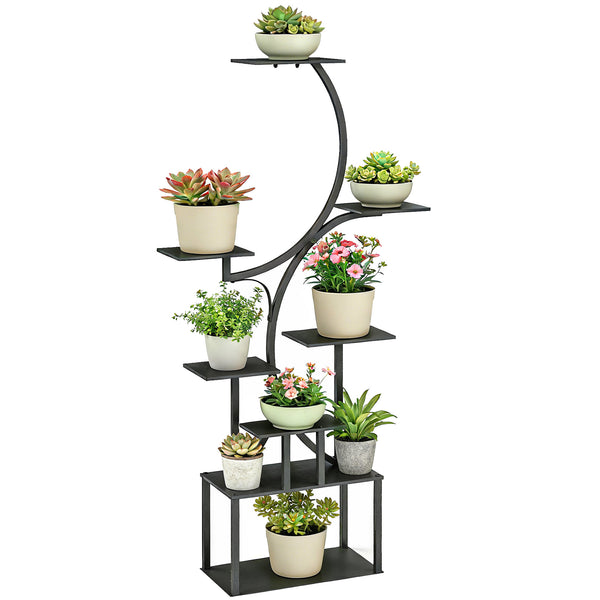 Étagère à fleurs en métal à 8 niveaux, étagère à plantes en forme de S 158,5 cm, support de plantes, intérieur et extérieur, pour jardin, balcon, terrasse ou coin du salon, noir