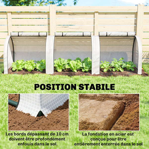 Mini Serre de Jardin Mini Serre Tunnel Serre à Tomates 3 x 1 x 0,8 m Acier Plastique Haute Densité Anti-UV 3 Portes avec Zip Enroulables Blanc