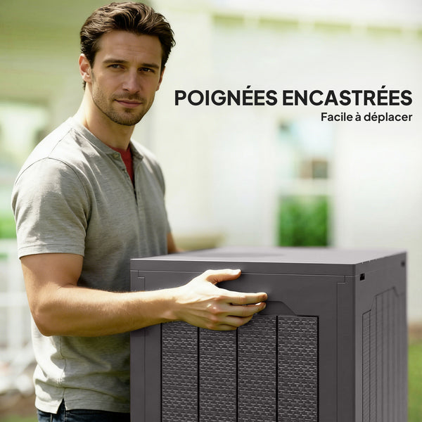 Coffre de rangement extérieur 97L avec poignées encastrées, malle de rangement extérieur étanche pour jardin terrasse, 56 x 41 x 50 cm, marron