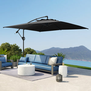 Parasol déporté carré 3 x 3 m, parasol de jardin extérieur avec manivelle, base croisée, parasol inclinable et rotation à 360°, toile polyester 180 g/m², protection UV UPF50+, gris foncé