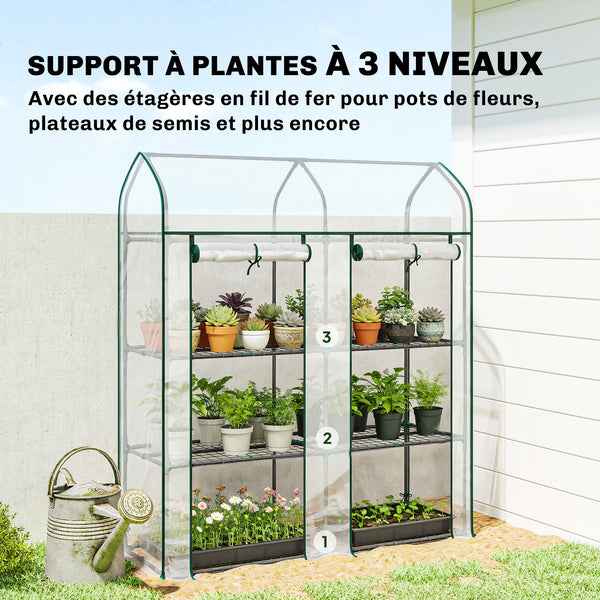 Serre de Jardin avec Étagères 3 Niveaux à Toit Pointu, Petite Serre de Balcon en Bâche PVC et Châssis Acier, 2 Portes Roulantes, pour Légumes Plantes Fleurs, 143 x 46 x 165 cm, Transparent