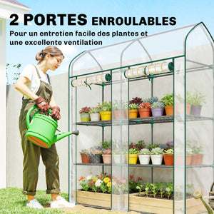 Serre de Jardin avec Étagères 3 Niveaux à Toit Pointu, Petite Serre de Balcon en Bâche PVC et Châssis Acier, 2 Portes Roulantes, pour Légumes Plantes Fleurs, 143 x 46 x 165 cm, Transparent