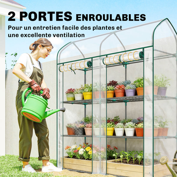 Serre de Jardin avec Étagères 3 Niveaux à Toit Pointu, Petite Serre de Balcon en Bâche PVC et Châssis Acier, 2 Portes Roulantes, pour Légumes Plantes Fleurs, 143 x 46 x 165 cm, Transparent