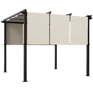 Pergola avec 3 toiles coulissantes 3 x 3 x 2,38 m structure acier noir toile polyester haute densité beige