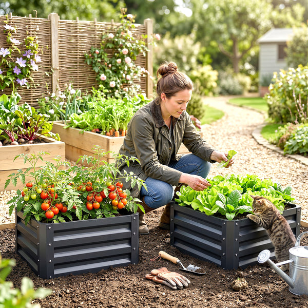 Lot de 2 jardinières surélevées en acier galvanisé 60 x 60 x 30,5 cm, carre potager de jardin pour légumes, fleurs et herbes, gris