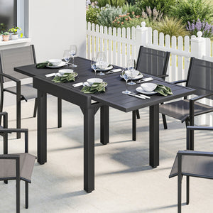 Table de jardin extensible pour 4 à 6 personnes, 160/80 x 80 x 75 cm, table à manger extérieure en aluminium avec plateau à lattes, pieds en acier, pour terrasse, balcon, patio, noir