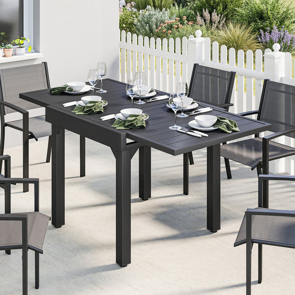 Table de jardin extensible pour 4 à 6 personnes, 160/80 x 80 x 75 cm, table à manger extérieure en aluminium avec plateau à lattes, pieds en acier, pour terrasse, balcon, patio, noir