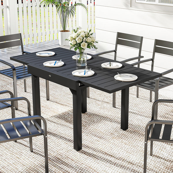 Table de jardin extensible pour 4 à 6 personnes, 160/80 x 80 x 75 cm, table à manger extérieure en aluminium avec plateau à lattes, pieds en acier, pour terrasse, balcon, patio, noir