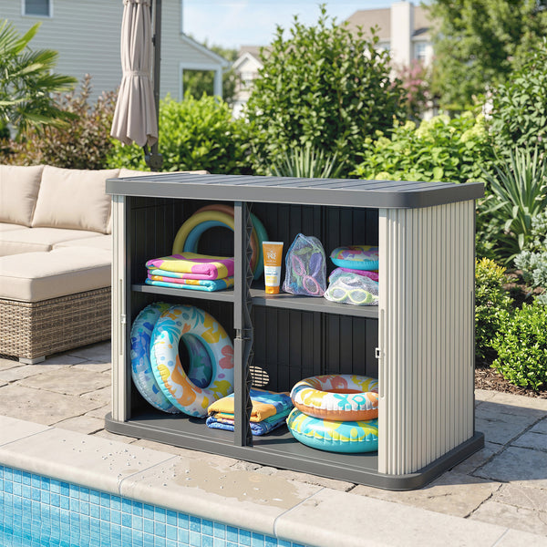 Coffre de Rangement Extérieur 480 L, 2 Niveaux avec Portes Coulissantes, Boîte de Jardin Résistant aux UV, pour Jardin Terrasse, 120,5x59,5x92cm, Marron Clair