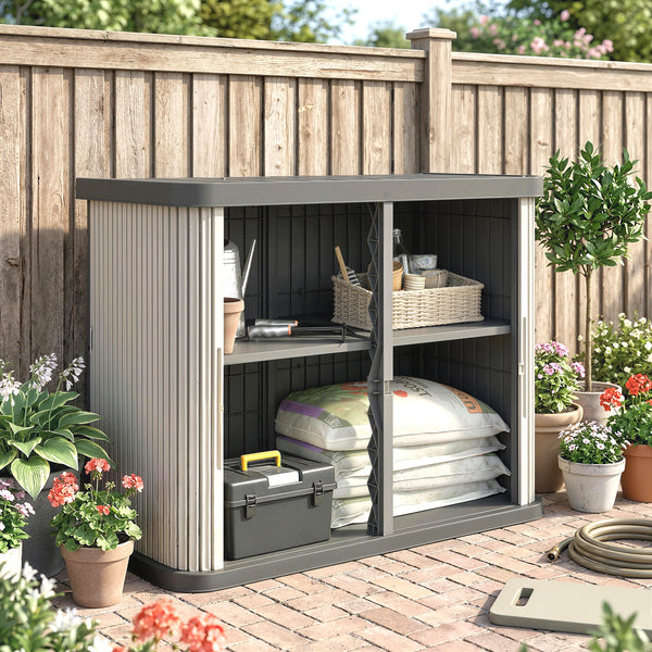 Coffre de Rangement Extérieur 480 L, 2 Niveaux avec Portes Coulissantes, Boîte de Jardin Résistant aux UV, pour Jardin Terrasse, 120,5x59,5x92cm, Marron Clair