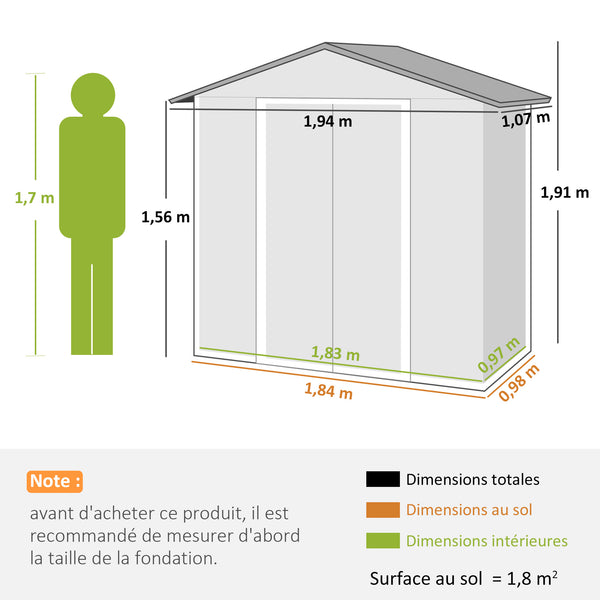 Abri de jardin en métal 1,8 m², cabane de jardin à outils en métal, 194 x 107 x 191 cm, grand espace de rangement extérieur avec portes coulissantes et 4 aérations, gris foncé
