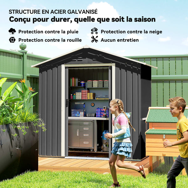 Abri de jardin en métal 1,8 m², cabane de jardin à outils en métal, 194 x 107 x 191 cm, grand espace de rangement extérieur avec portes coulissantes et 4 aérations, gris foncé